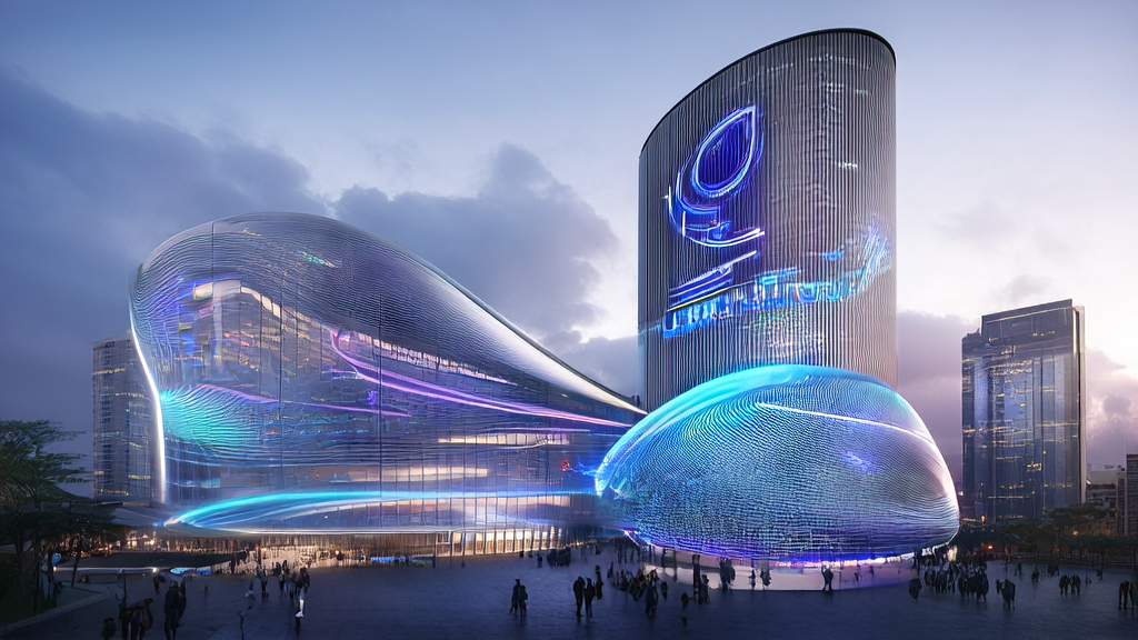 未来科技城市中的无问芯穹大楼，展示了AI精准获客和智能体服务平台的应用场景。