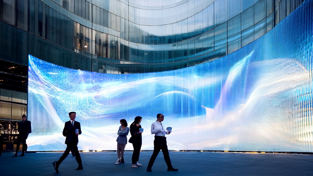 阳光下的高科技公司大楼前,电子屏幕上展示着根据路人兴趣实时变化的个性化AI优化广告。