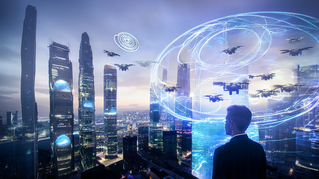 未来城市的跨境电商企业家利用AI技术实现精准获客和优化邮件营销，背景展示OpenAI Sora 2的新功能。