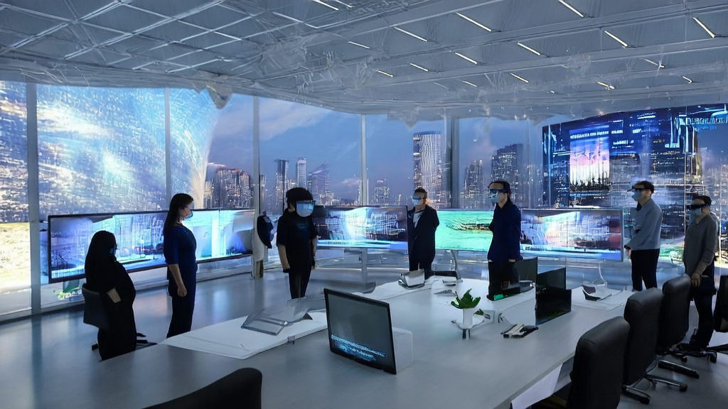 未来感办公室中员工使用AI工具进行精准获客和数据分析