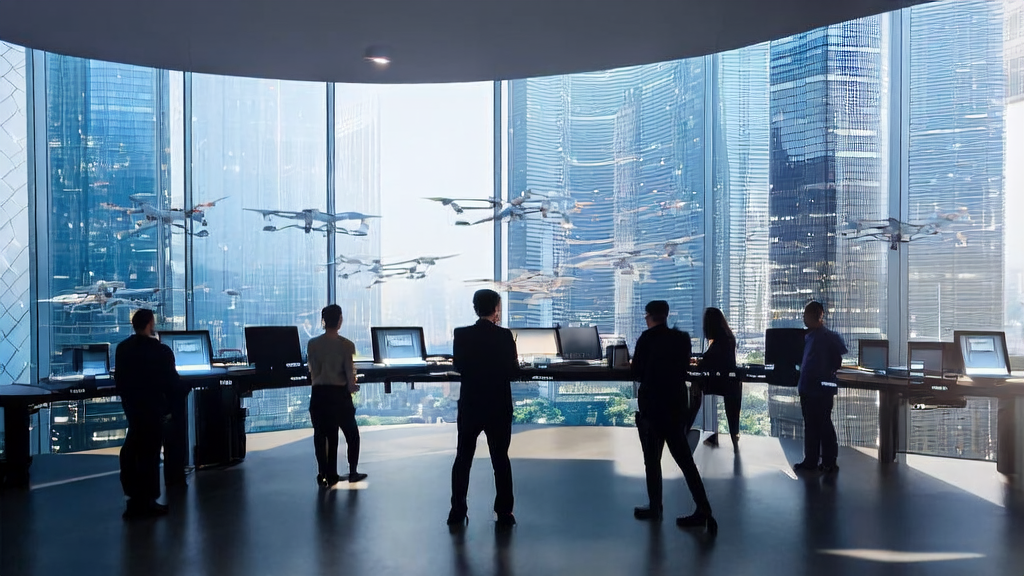 A tech company in a futuristic city using AI for precise customer acquisition and optimized email marketing