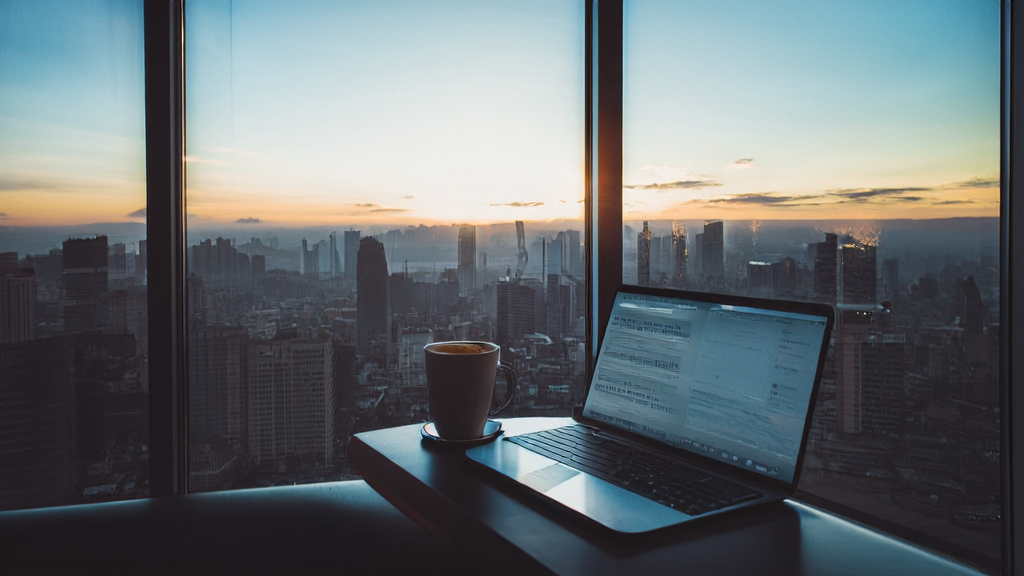 阳光明媚的早晨，创业者在现代化办公室中使用Google Labs的AI助理CC进行邮件营销，一切井然有序。