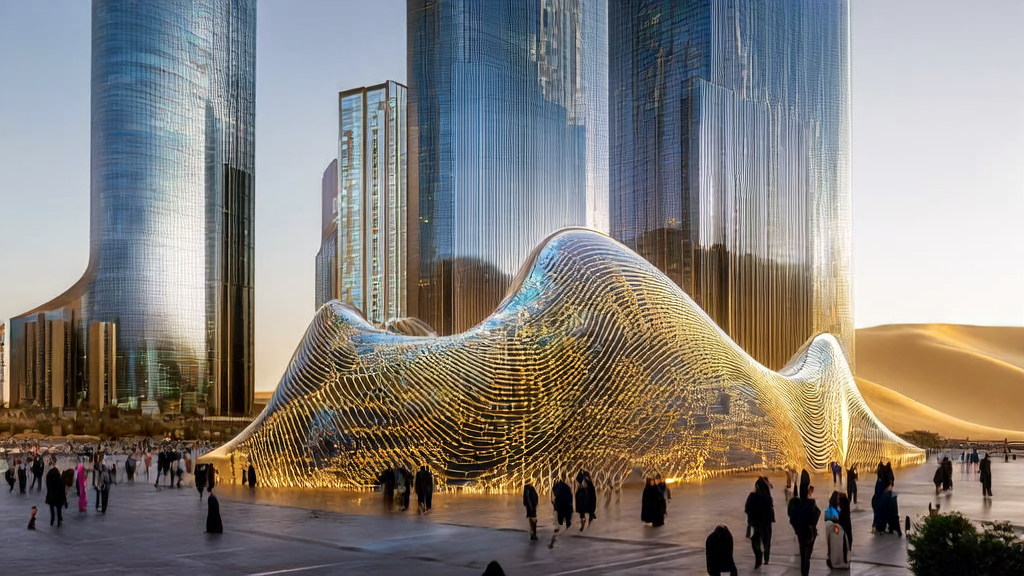 中东城市中的现代化办公大楼和AI预测模型雕塑，象征着企业利用先进技术实现高效获客。