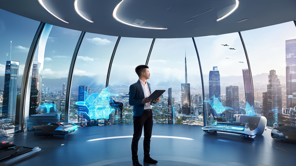 Entrepreneur in a futuristic city using AI technology for precise customer acquisition, showcasing global market data and smart marketing tools