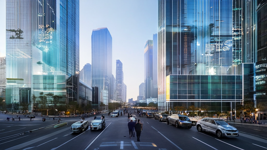 In a futuristic city, a marketing manager uses Claude AI's new "Task Mode" to optimize precise ad targeting.