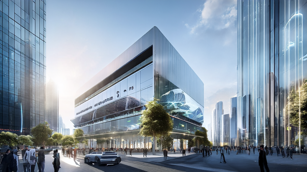 未来城市的高楼大厦中，一块巨大的电子屏幕展示着AI精准获客技术和OpenAI与博通的合作成果。