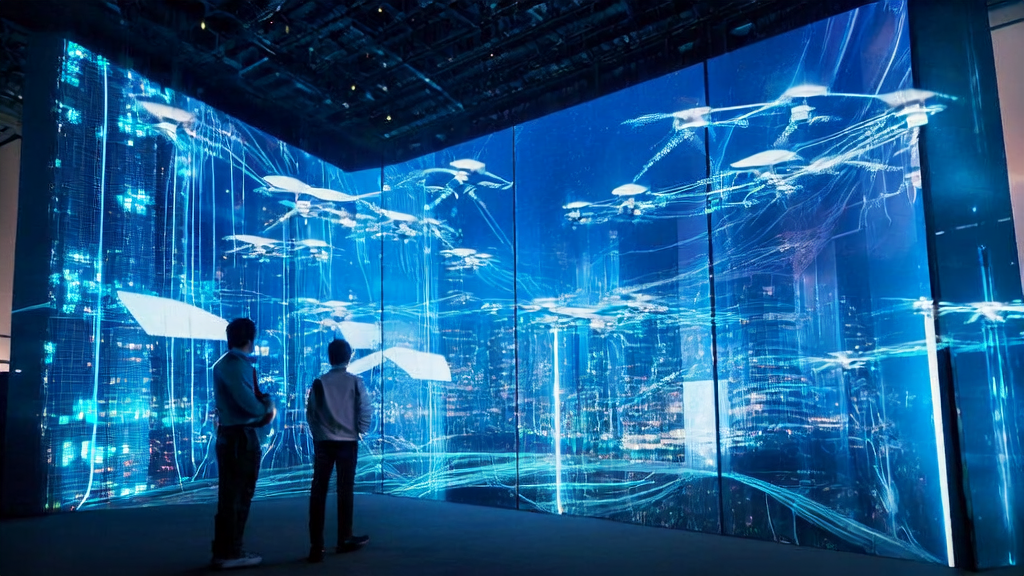 一位创业者站在智能广告牌前,展示字节跳动AI手机助手如何通过AI技术实现精准获客和广告投放优化,带来流量增长的新引擎。