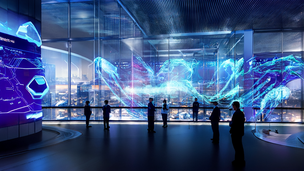 In a modern office building in a futuristic city, technicians use brain-computer interfaces and intelligent robots for AI precise acquisition and email marketing