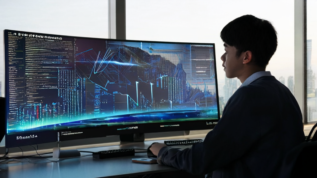 一位程序员在现代化办公室中利用AI技术进行精准获客，窗外是城市景观，充满希望和创新的氛围。