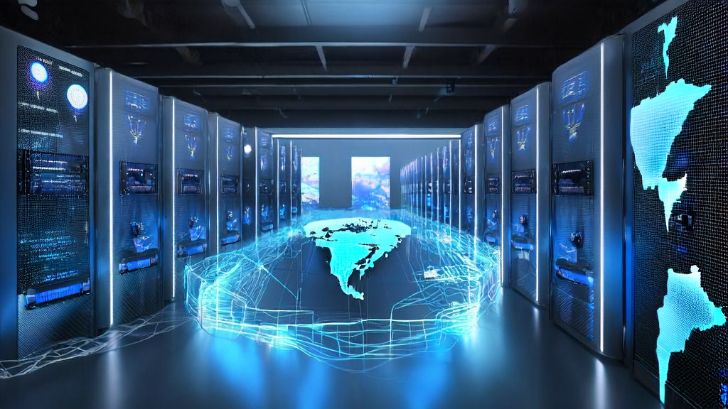 数据中心内的工程师通过智能屏幕监控AI优化的广告投放效果，展示精准获客的数据分析和全球市场进展。