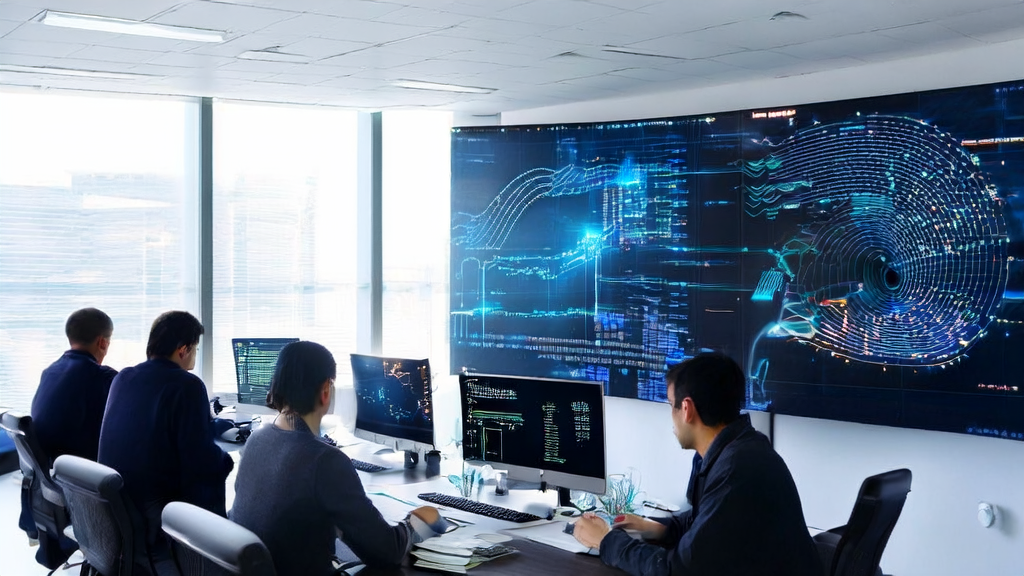 工程师们在现代化办公室中利用AI技术优化广告投放，屏幕上显示复杂的数据分析图表