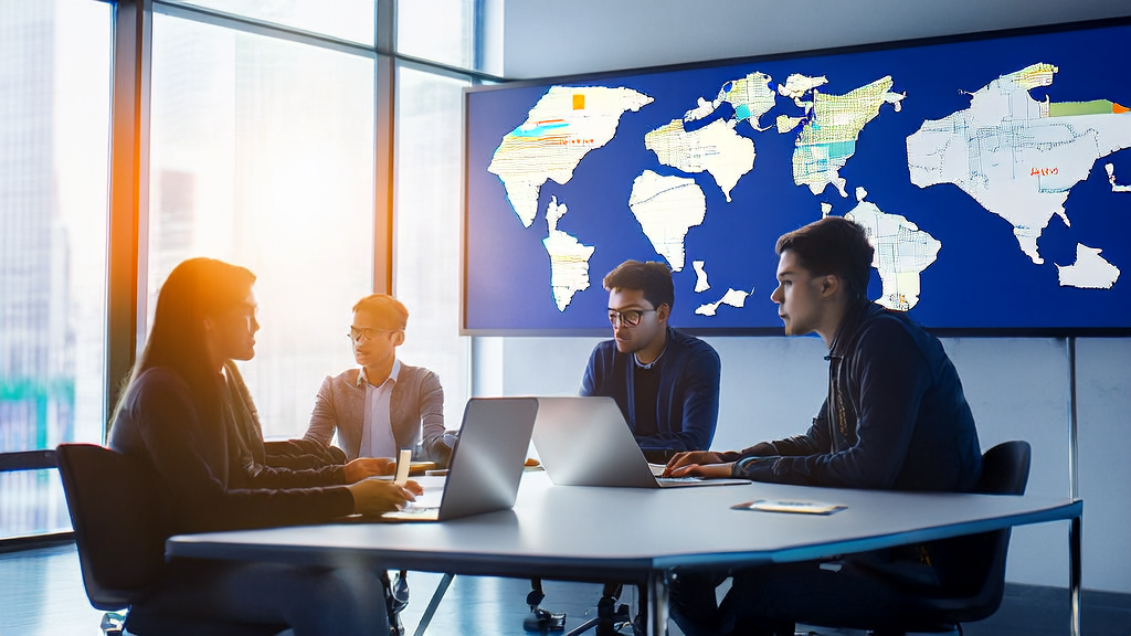 一群创业者在现代化办公室中讨论AI客户预测模型，背景是阳光明媚的城市天际线