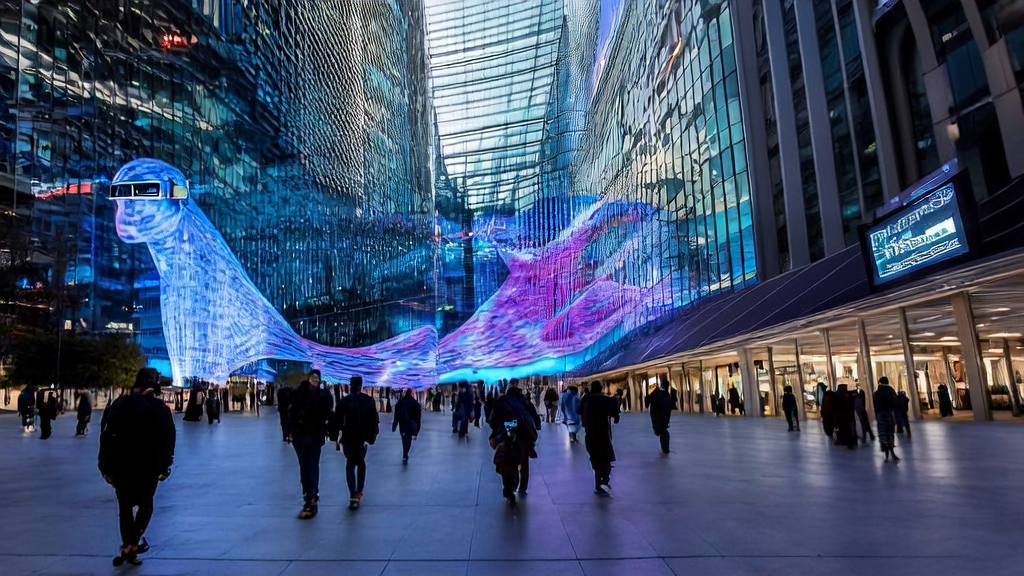 未来城市中的高科技大厦前，人们佩戴三星AI眼镜与智能设备互动，展示AI技术在广告投放中的应用。