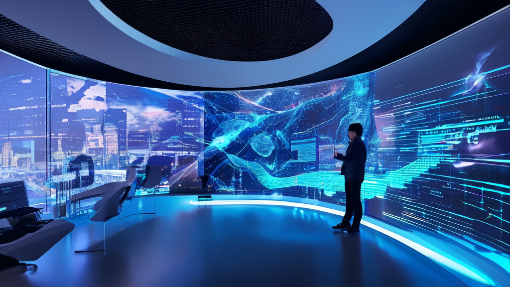 In a futuristic office, programmers are fine-tuning an AI-powered ad optimization tool, with screens displaying user behavior analysis and CPA optimization data.