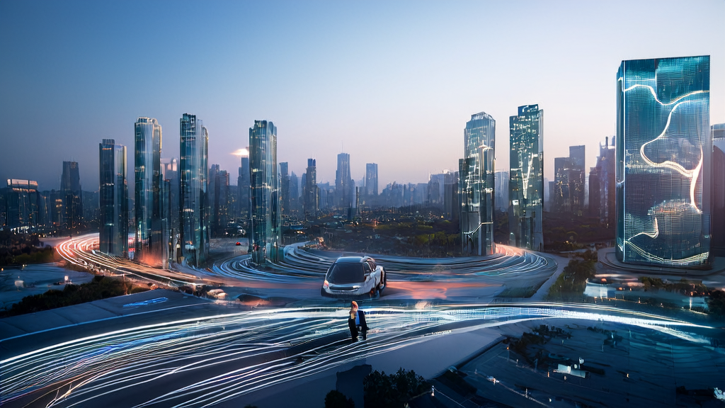 Entrepreneur using AI for precise ad targeting in a futuristic city