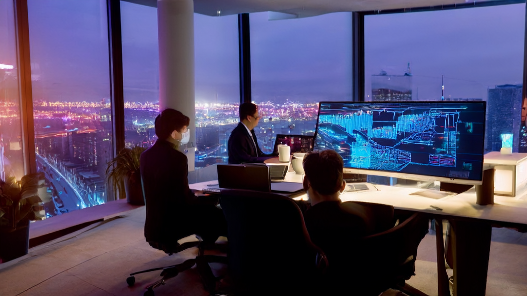 现代科技公司办公室内，员工们正利用AI技术进行精准获客策略讨论，展示从客户预测模型到个性化邮件营销和广告投放优化的全流程。