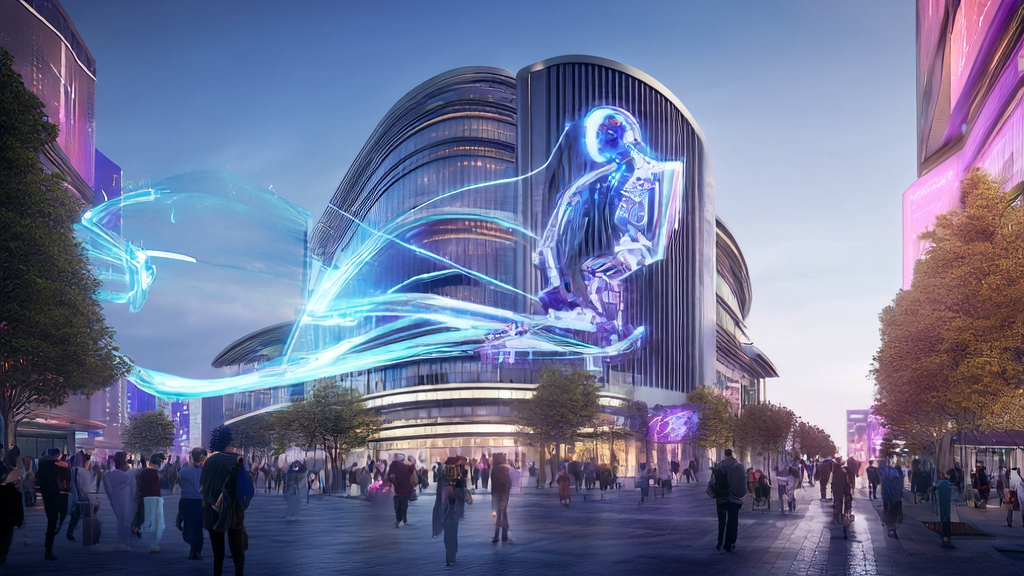 未来城市的高科技办公楼与忙碌人群中的AI机器人模型，展示AI精准获客的新战略。