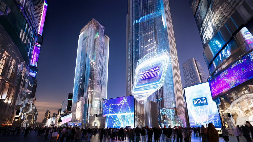 A futuristic city scene showcasing AI-optimized personalized advertising and the Google Skills platform