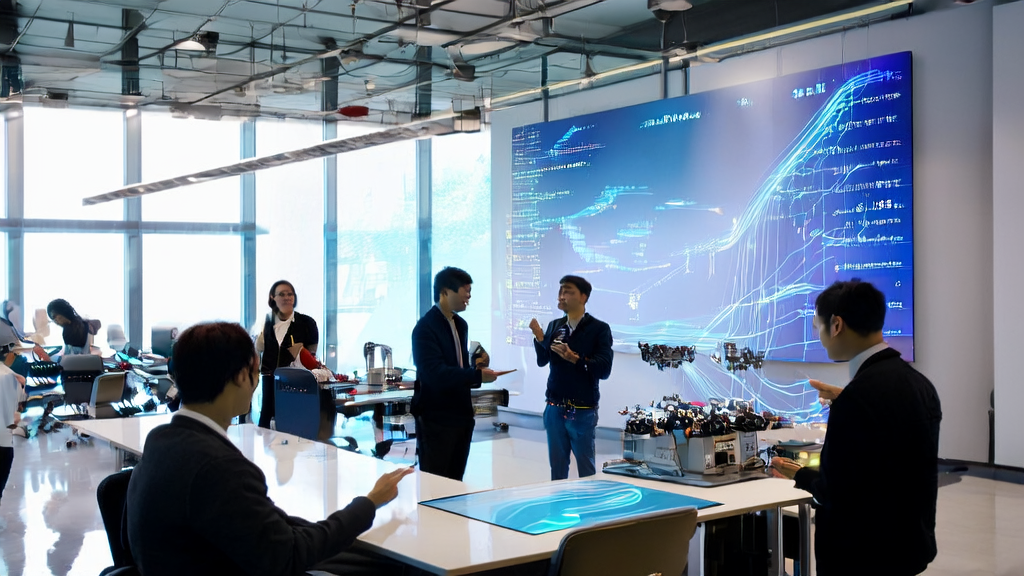 In a modern office on a sunny morning, young entrepreneurs are discussing AI precise acquisition and the Tnkr platform. The wall features large posters of Tnkr, and tables display computers showing complex algorithms and a working 3D printer.