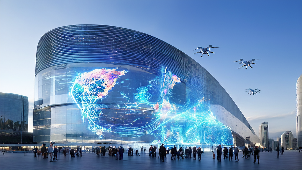 未来城市的高科技大厦前,商人们围绕互动屏幕讨论AI精准获客和广告优化策略