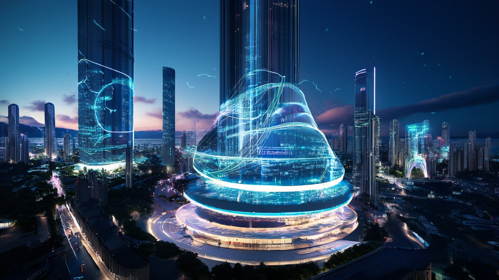 Advertising control center in a futuristic city showcasing AI-driven customer acquisition and optimized ad placement technology