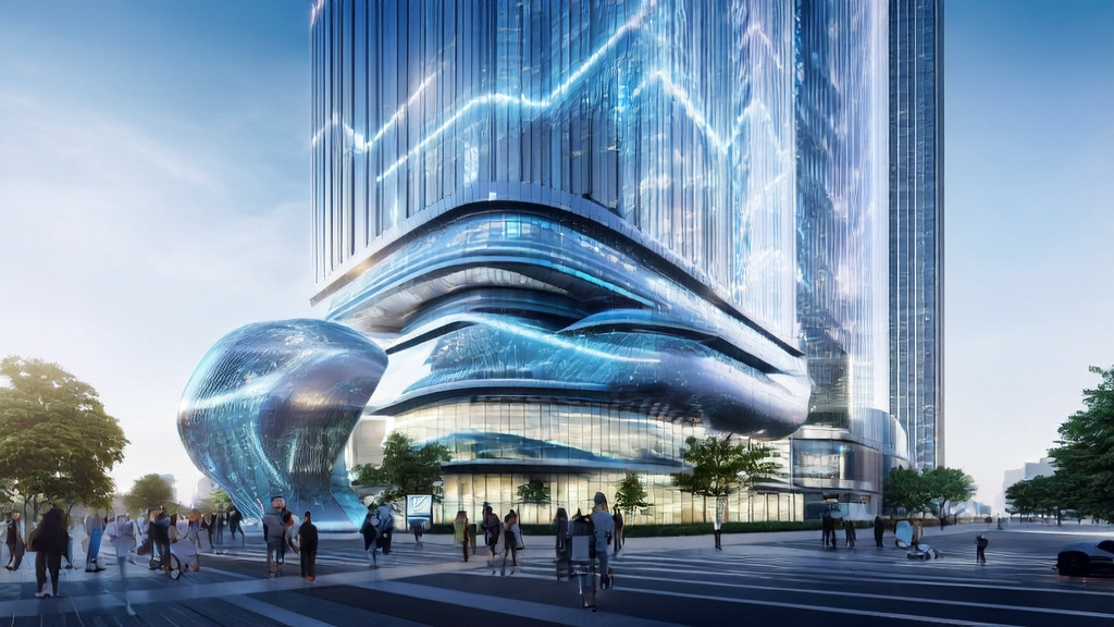 未来城市的办公大楼前矗立着巨大的AI机器人模型,象征AI技术在B2B市场的应用,展现AI精准获客的革新之路。