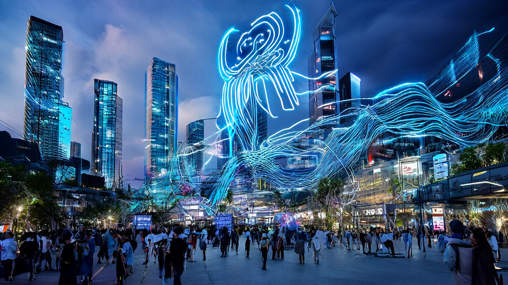 数字化营销城市的夜景，展示AI技术在广告投放和客户筛选中的应用