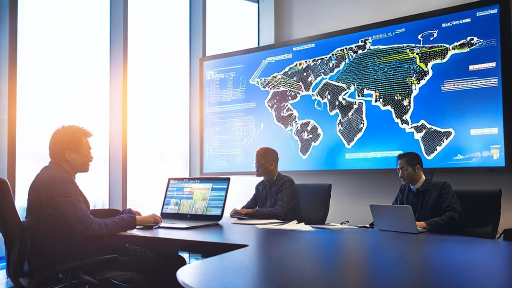 Data scientists in a modern office using AI technology to optimize advertising placements, improving conversion rates and reducing costs.