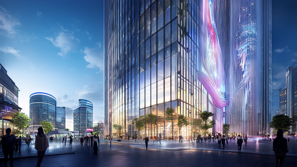 A tech company's building in a futuristic city center displays AI-generated advertising videos on a large screen, attracting passersby and showcasing the application of AI in advertising.