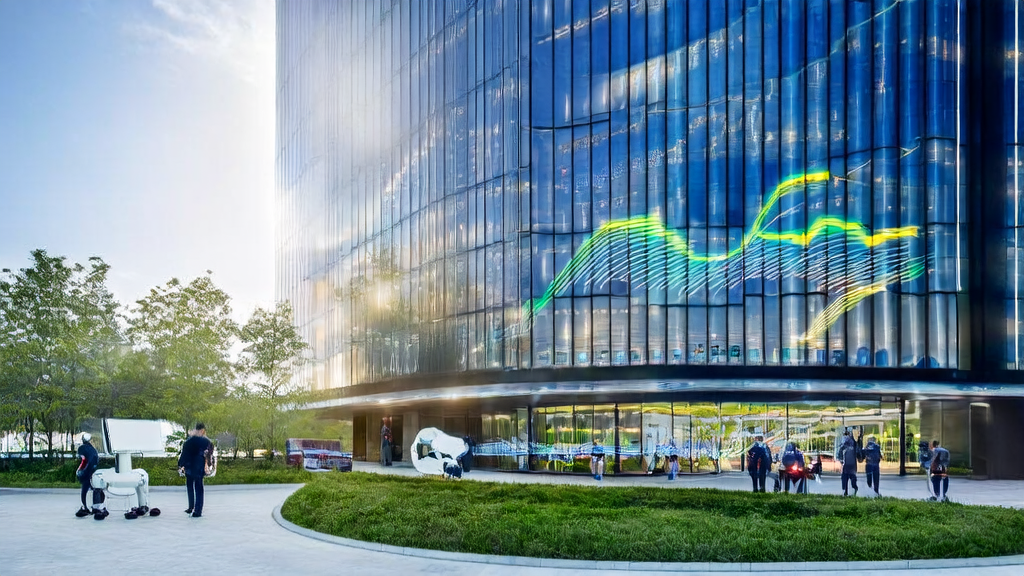 阳光下的现代科技公司，展示AI精准获客和广告投放优化的数据分析结果，工程师们正在讨论技术进展，机器人在数据中心忙碌工作。