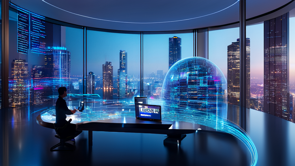 AI precise customer acquisition breaking cross-border e-commerce bottlenecks, showcasing data analysis and email marketing tools in a smart office