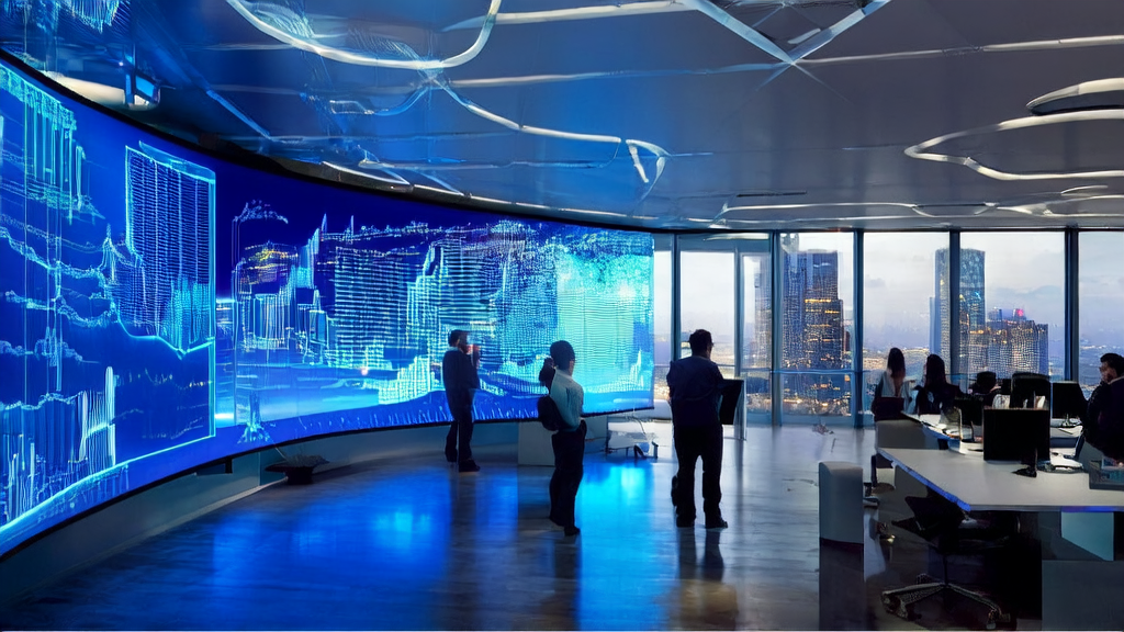 数据科学家们在办公室里利用AI技术进行精准获客分析，展示如何通过智能化广告投放实现低成本高转化。