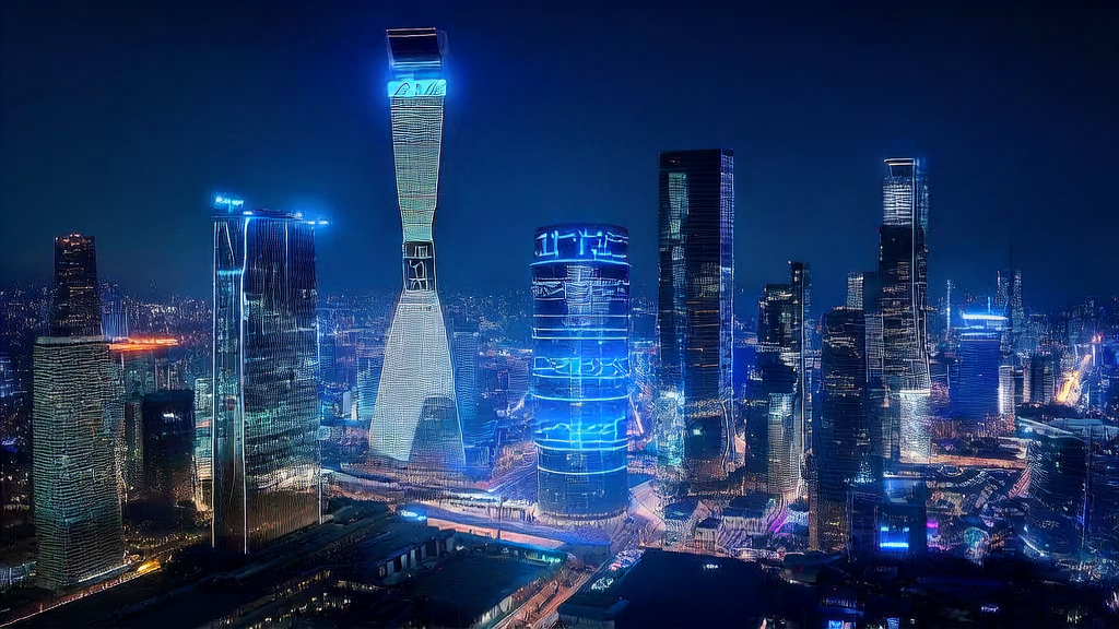 A futuristic city scene showcasing PayPal and OpenAI's collaboration for AI-driven precise customer acquisition