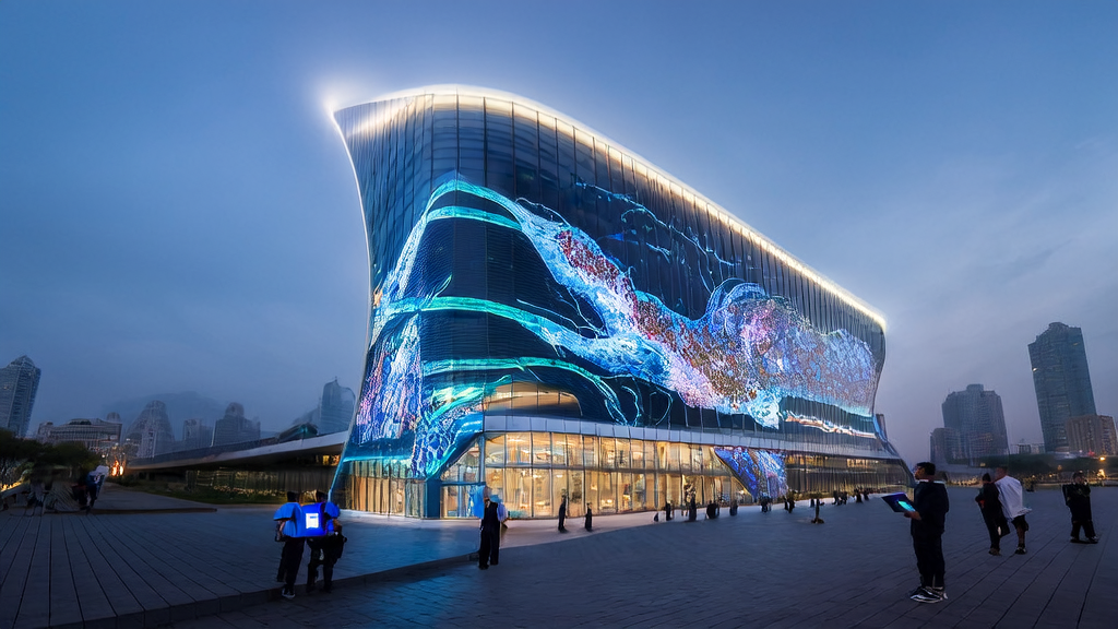 In the night city, a modern office building displays dynamic AI-powered cross-border e-commerce advertising optimization, with engineers monitoring and adjusting ad performance.