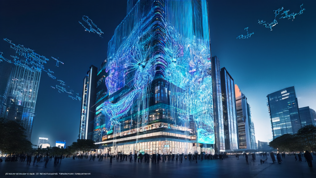 在未来城市中，跨境电商企业代表通过AI客户预测模型优化营销策略，无人机在空中穿梭运送包裹。