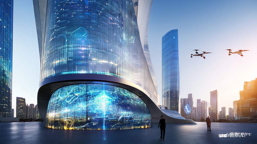 Headquarters of a cross-border e-commerce company in a futuristic city, showcasing AI-driven precise customer acquisition and optimized ad placement