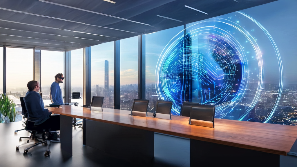 Modern office team utilizing AI technology for precise customer acquisition, with cityscape and data screens in the background