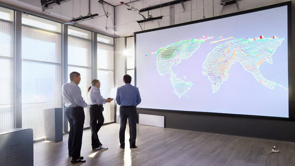 A team in a modern office discussing how to optimize AI-driven customer acquisition and ad placement strategies using the DreamGym framework, with a world market map in the background.