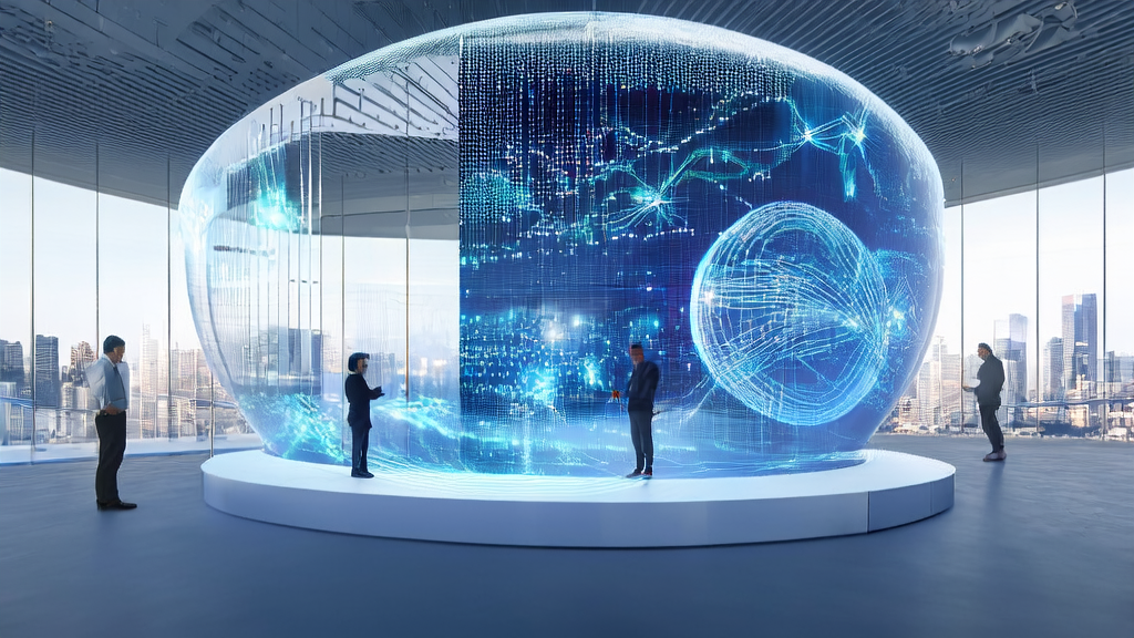 Data scientists in a futuristic office building using AI systems for precise customer acquisition analysis