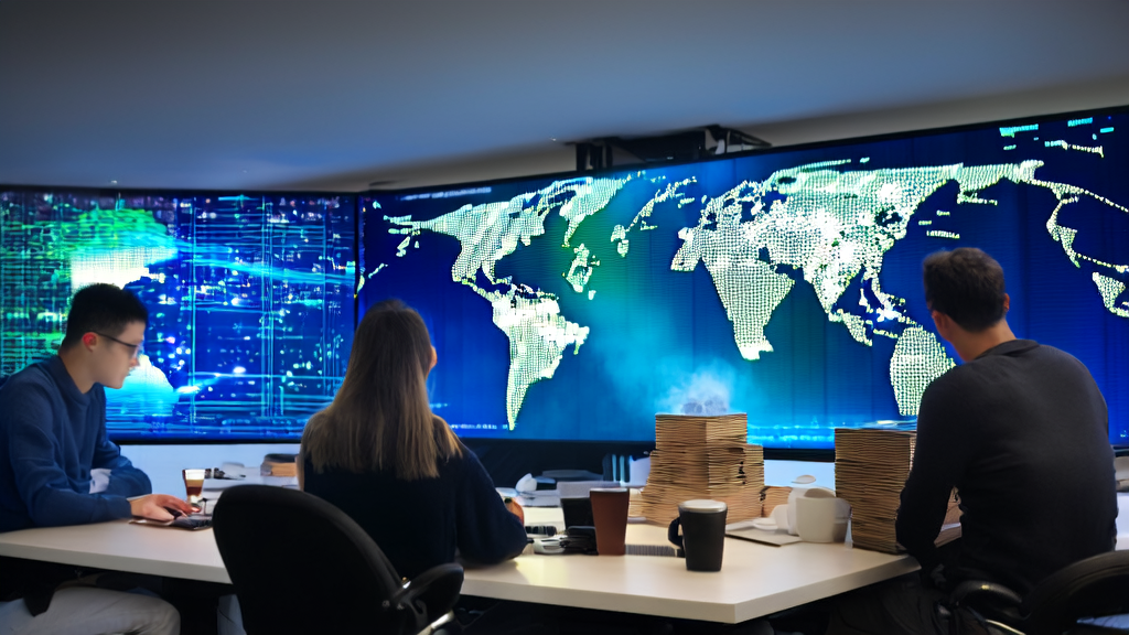 A sunny day in a cross-border e-commerce office where team members are using Replit's AI integration tools for precise customer acquisition optimization.