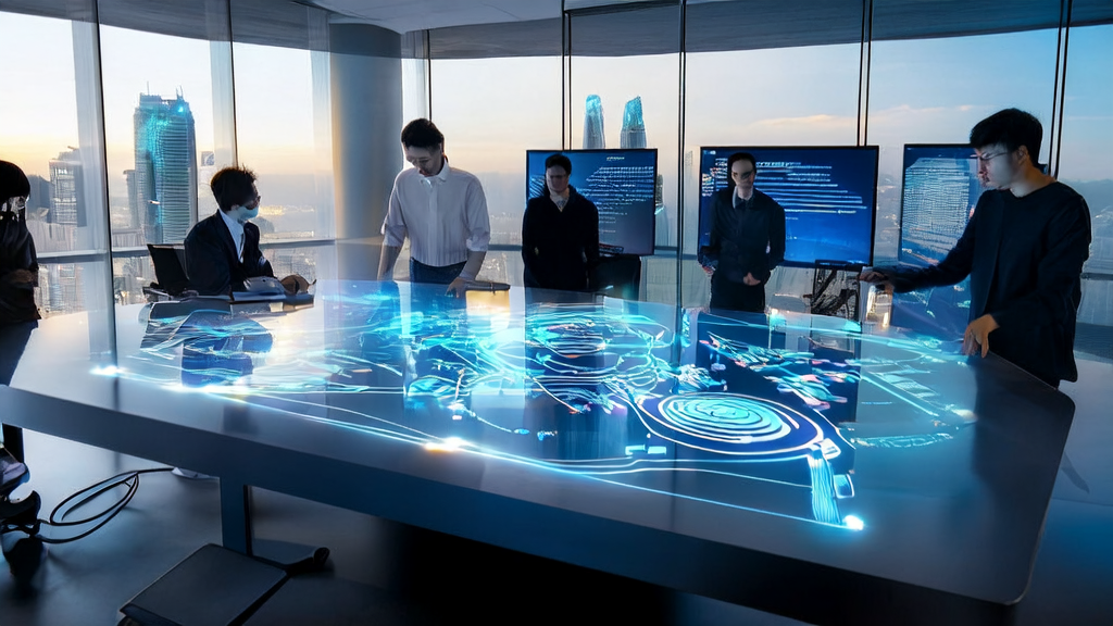 In a futuristic office, entrepreneurs are using AI customer prediction models to analyze global market data for precise customer acquisition and cross-border e-commerce growth.