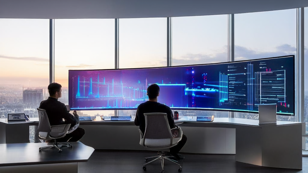 A sunny morning in a modern cross-border e-commerce office where programmers and marketing specialists are using AI customer prediction models to plan efficient customer acquisition strategies.