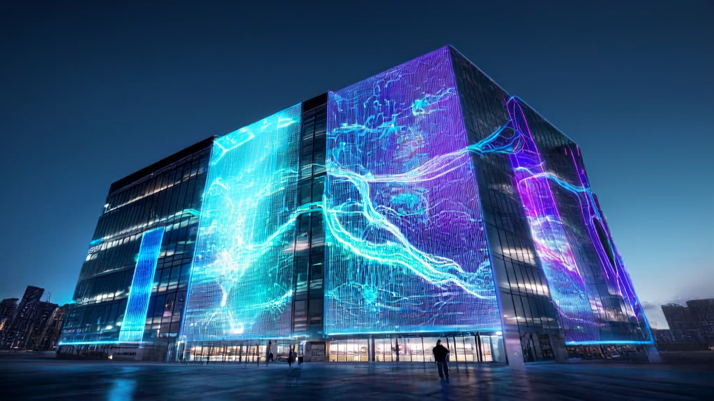 A futuristic office scene showcasing the application of AI technology in cross-border e-commerce to achieve precise customer acquisition and cost reduction.