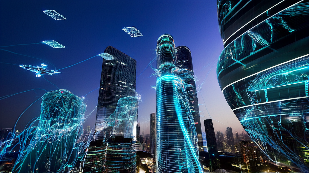 A cross-border e-commerce company using AI technology for precise customer acquisition and ad optimization in a futuristic city