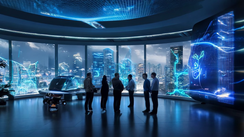 在未来感十足的办公室内，数据科学家们正在探讨AI预测模型如何帮助企业精准获客，减少资源浪费，提高营销效率。