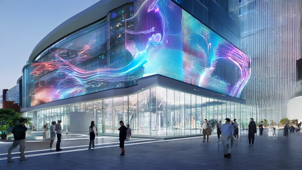 未来城市的高楼间展示着AI生成的个性化宠物视频广告，开发者们热烈讨论新技术。