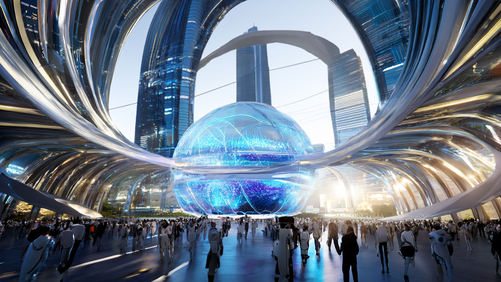 AI precise customer acquisition display in a futuristic city square, with embodied intelligence technology showcased in a transparent glass house