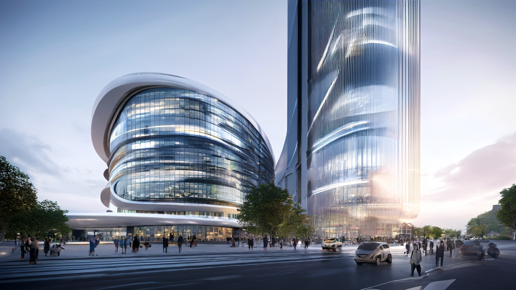 未来城市的智能办公楼展示AI生成的个性化广告界面