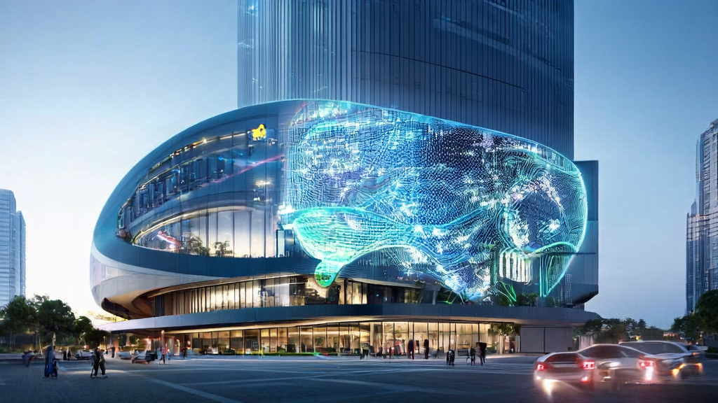 Modern office building in a futuristic city showcasing AI-driven precise customer acquisition technology