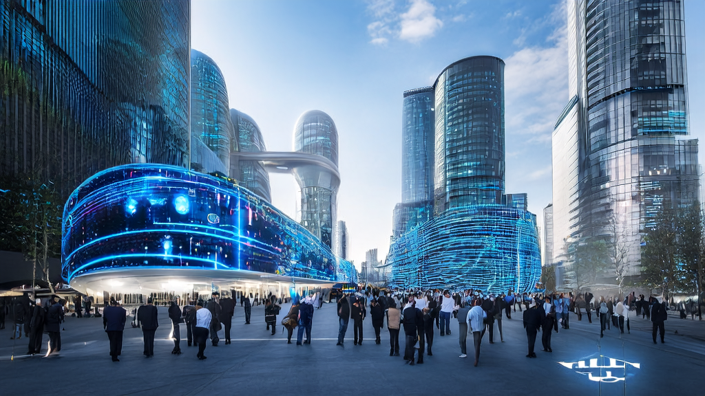 AI-powered precise customer acquisition in cross-border e-commerce and international marketing, showcasing smart ad placement and global business collaboration in a futuristic cityscape